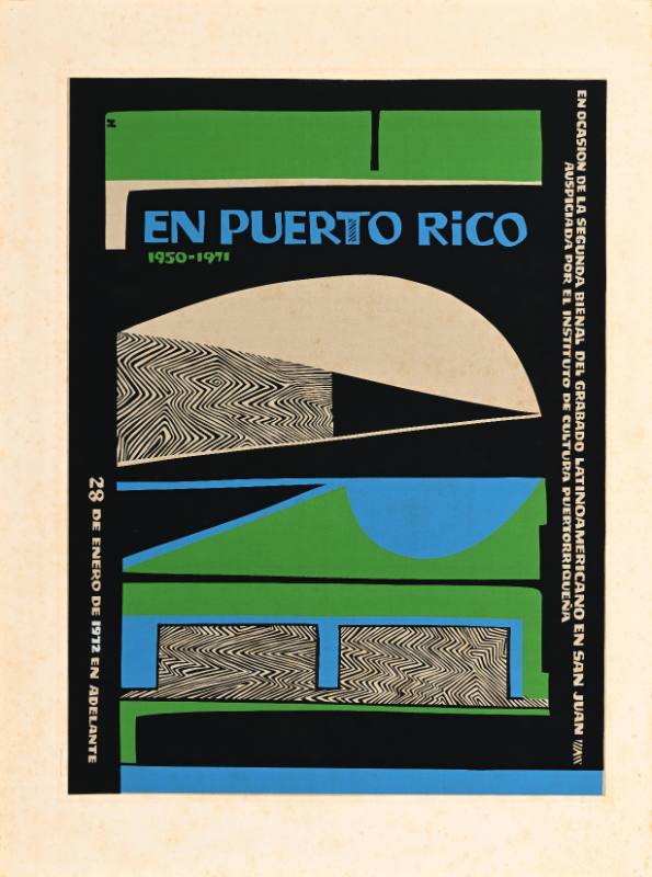 A poster of blocky white, blue, and green text on a black background