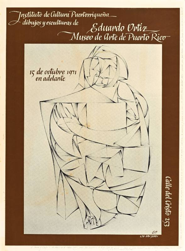 A poster of an abstract person made out of lines on a white and brown background