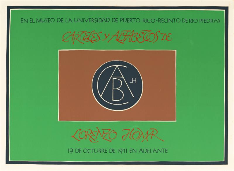 A poster of the initials CAB in a black circle on a brown and green background