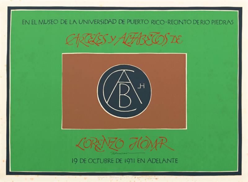 A poster of the initials CAB in a black circle on a brown and green background