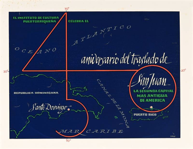 A poster of the outline of Puerto Rico on a blu ebackground with a red 450 on top