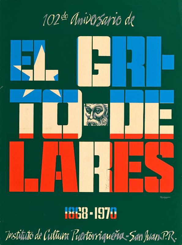 A poster of blocky letters with the Puerto Rican flag inside on a green background