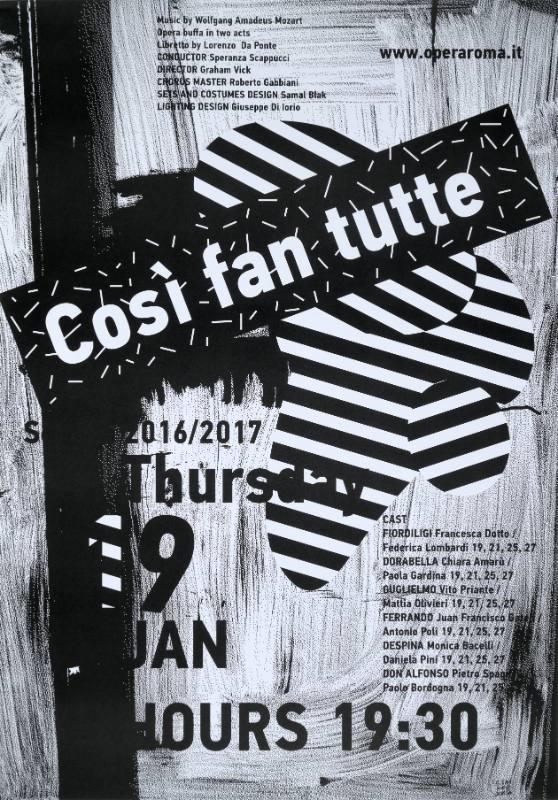 A black and white poster utilizing stripes, circles, rectangles, and paint strokes. Image