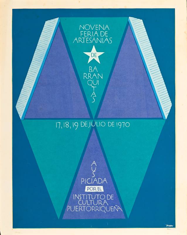 A poster of green and purple triangles on a blue background