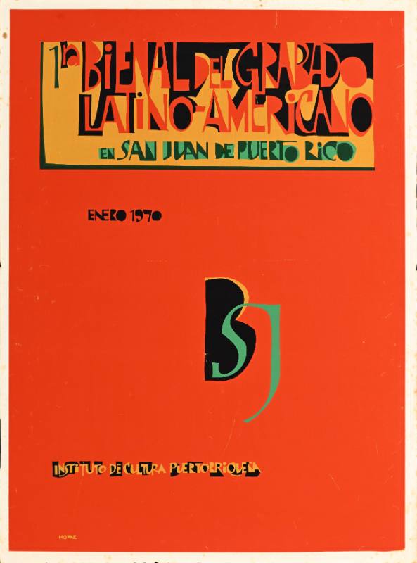 A poster of abstract red, black, and yellow letters on a red background