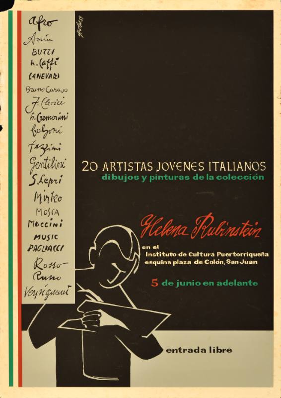 A poster of a man writing on a piece of paper in front of a black rectangle and a list of handwritten names