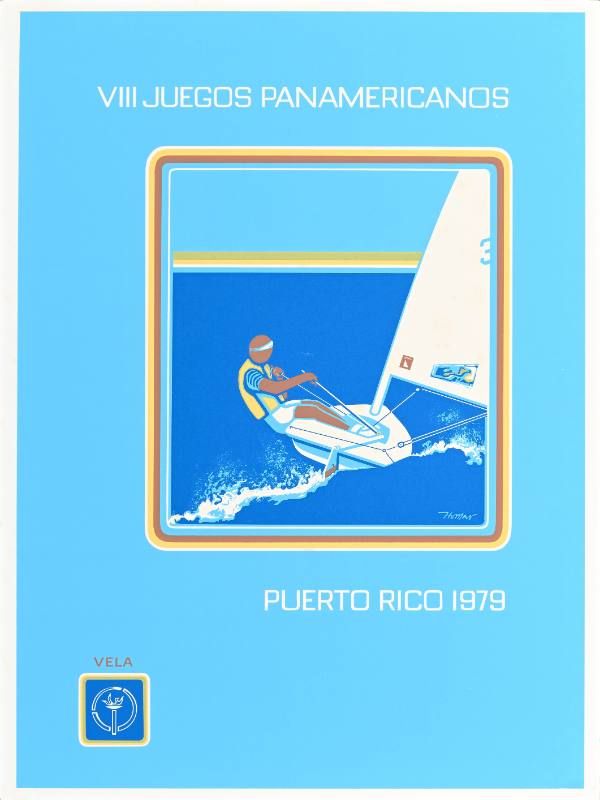 A poster of a brown figure in a boat leaning to the right on a blue background
