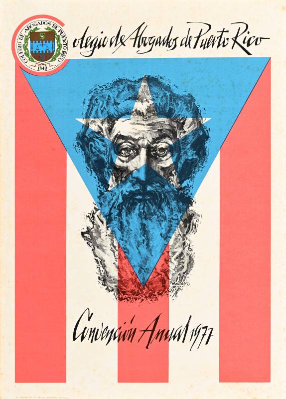 A poster of a man's face with a beard on top of the Puerto Rican flag