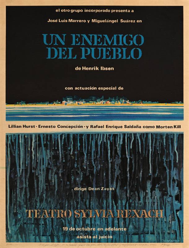 A poster of streaky blue horizontal lines on a black background