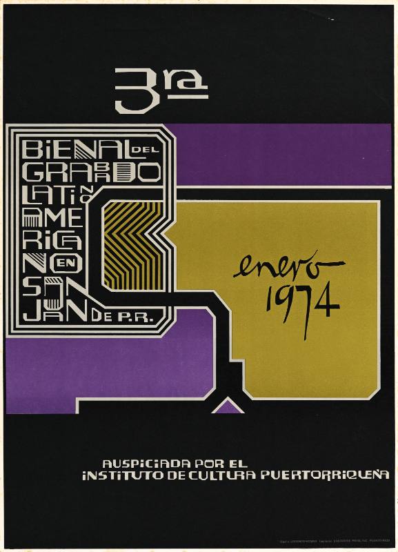 A poster of white text arranged inside a white, gold, and purple geometric shape on a black background