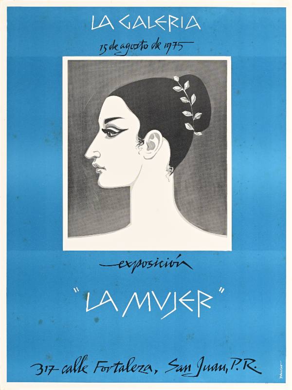 A poster of a woman with leaves in her hair on a blue background