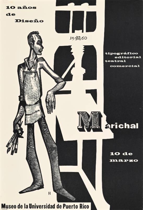 A poster of a printer posing next to a press on a black and white background