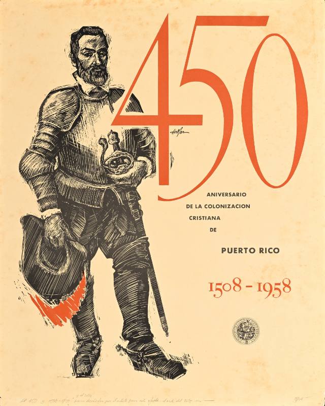 A poster of a Spanish conquistador next to bold red numbers on a beige background