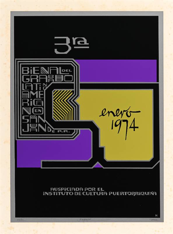 A poster of grey text arranged inside a grey, purple, gold, and black geometric shape