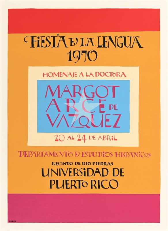 A poster of a blue star inside of a rectangle on a colorful blocky background