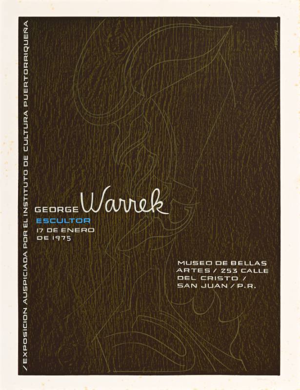 A poster of abstract lines on a brown background with white and blue text