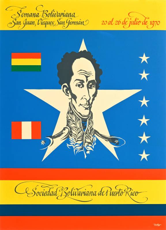 A poster of a man in military dress inside of a white star on a blue background surrounded by star and flags