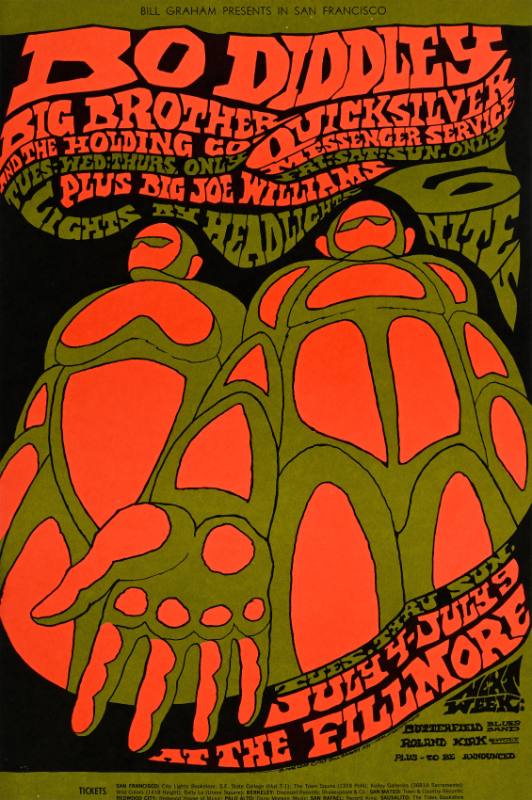 A psychedelic poster of two round, robotic figures printed in red and green on a black background
