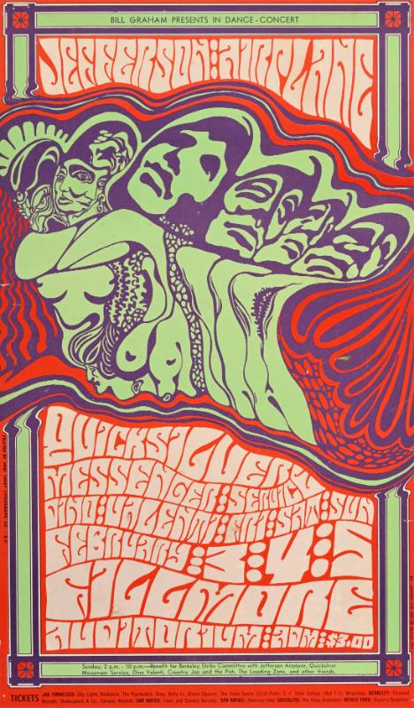 A psychedelic poster of a group of topless women pressed together above wavy red text