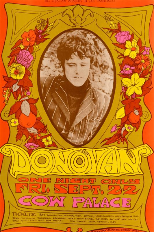 A poster of a man in a suit framed by psychedelic flowers and borders above wavy text
