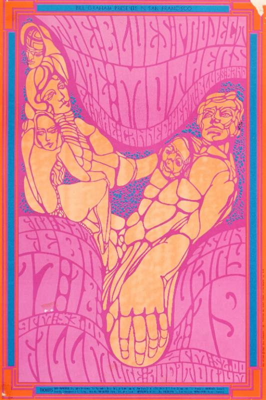 A poster of a cluster of nude pink figures above psychedelic text