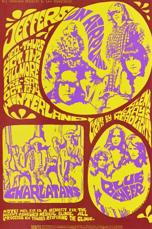A poster of purple psychedelic band members printed in yellow blobs on a red background