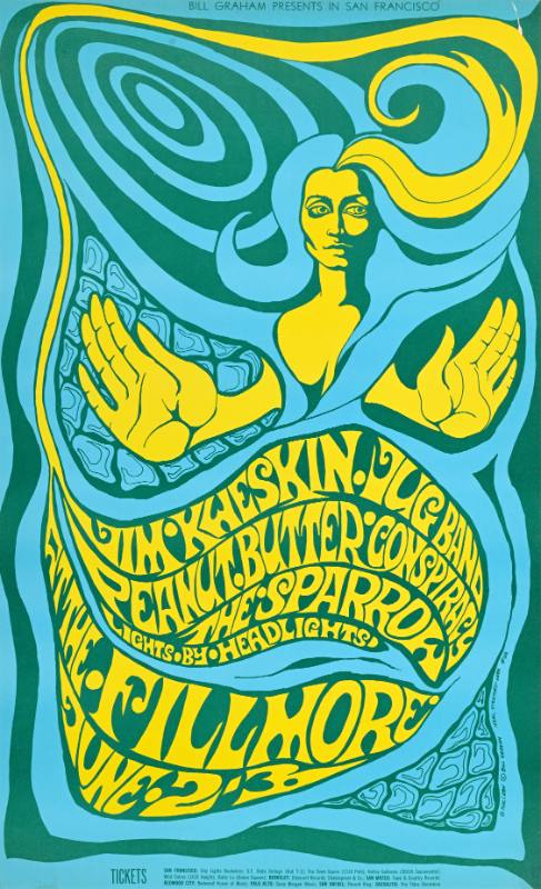 A poster of a psychedelic lime green and blue woman on a blue green background