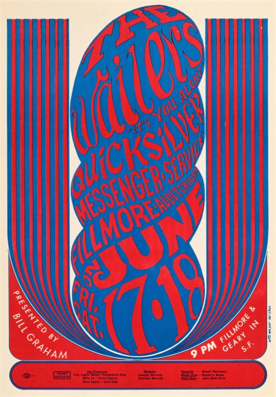 A poster of a red and blue twisted column with psychedelic text