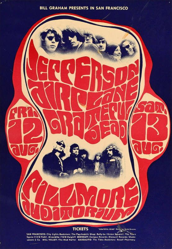 A poster of bands of white men printed in a white blob next to psychedelic red text