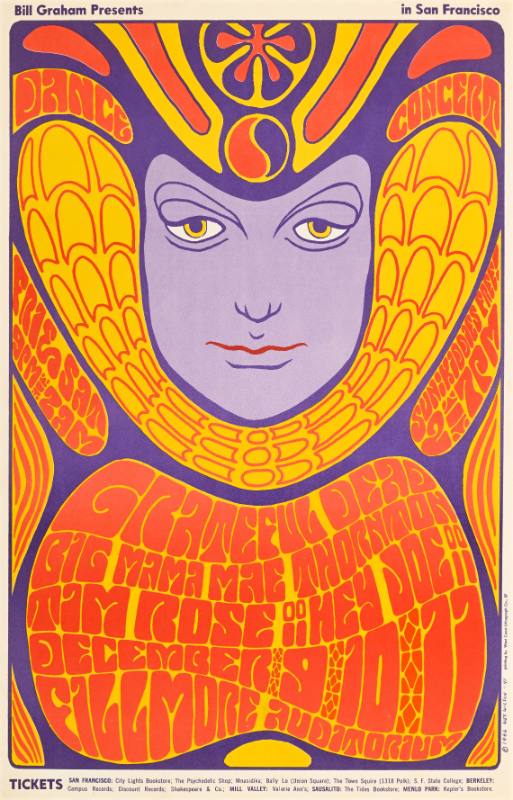 A psychedelic poster of an ominous woman's face in an elaborate gold headdress