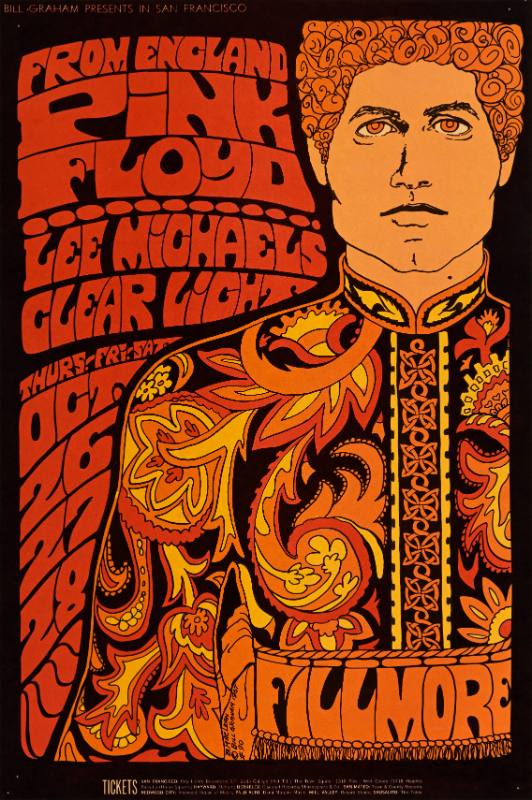 A psychedelic poster of a man in an orange paisley suit with curly hair