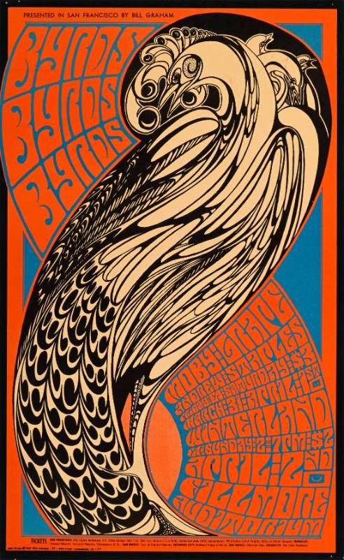 A poster of a psychedelic bird swirling on top of red text