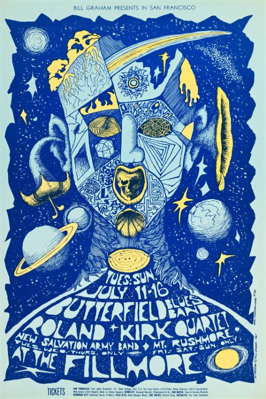 A psychedelic poster of a blue man made out of planets, flowers, and other shapes.