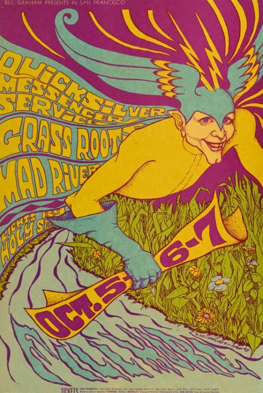 A poster of a psychedelic winged man with an ominous smile flying over a river