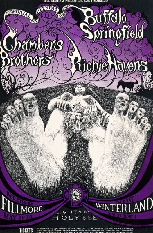 A psychedelic poster of a dead naked woman with flowers on her genitals and ghostly heads coming out of her toes