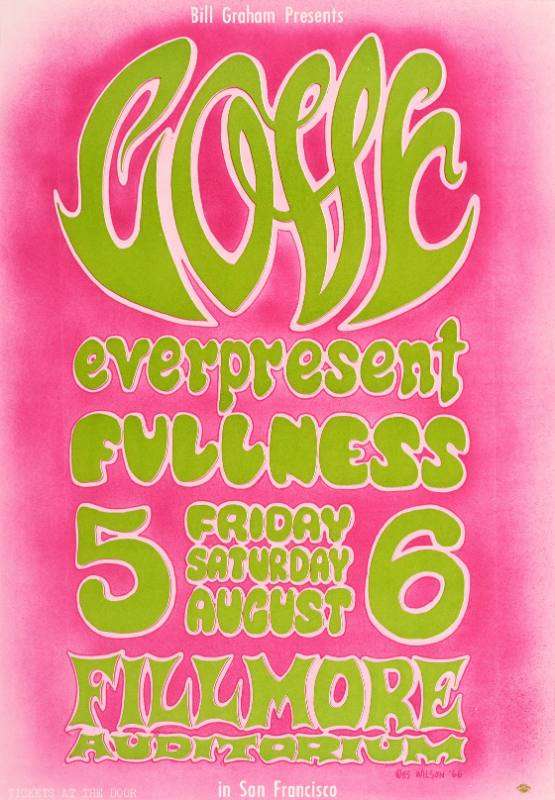 A poster of green psychedelic text on a pink background