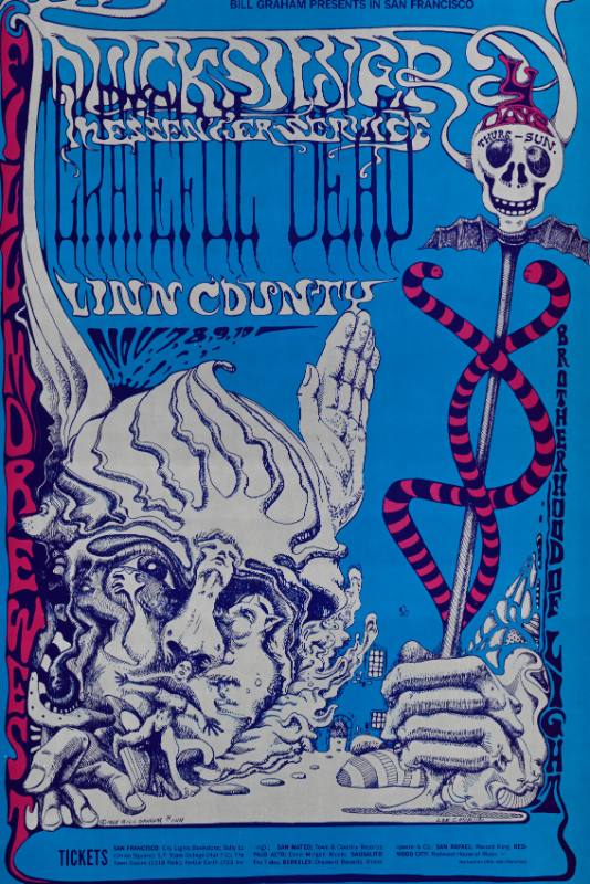 A psychedelic poster of a crumbling statue with a winged helmet holding a scepter with snakes curling around it