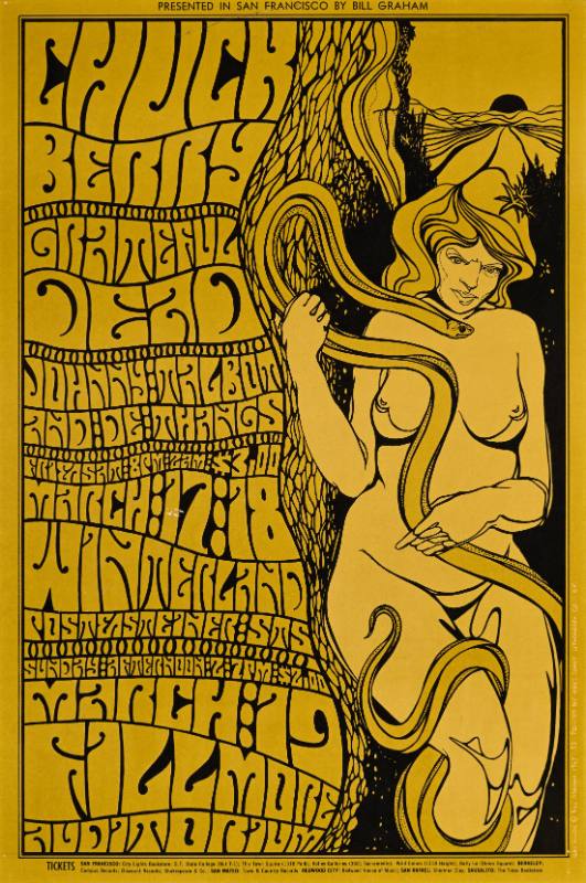 A psychedelic poster of a nude woman holding a snake next to wavy text
