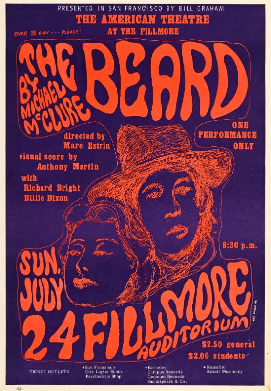 A poster of a man and a woman pressed together drawn in red on a purple background