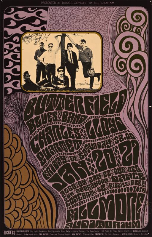 A poster of a band of white and Black men surrounded by psychedelic purple text