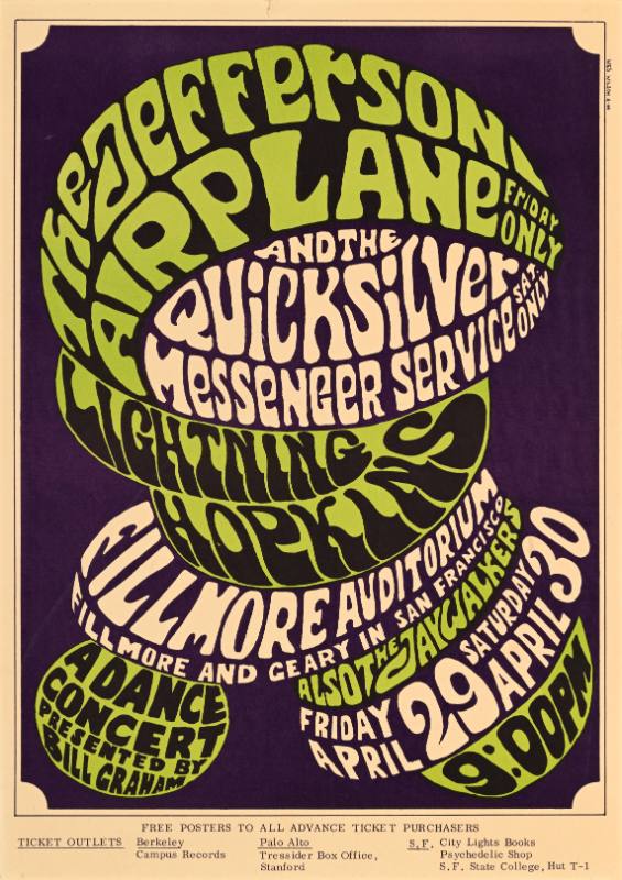 A poster of psychedelic rounded green and white text on a purple background