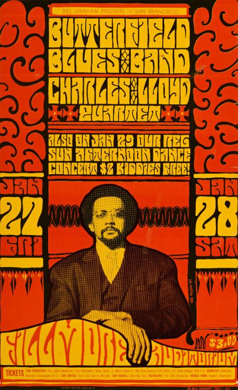 A poster of a Black man surrounded by psychedelic orange and yellow text