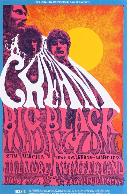 A poster of three men's heads coming out of a psychedelic mountain made out of fruits and blobs