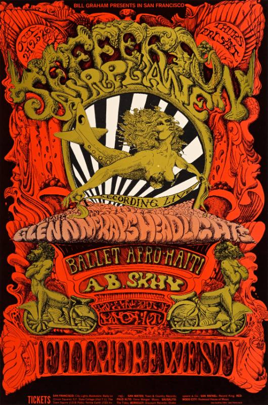 A psychedelic poster of an airplane made out of a woman on a psychedelic gold frame