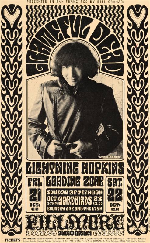 A poster of a white man surrounded by psychedelic black wavy text and blobs