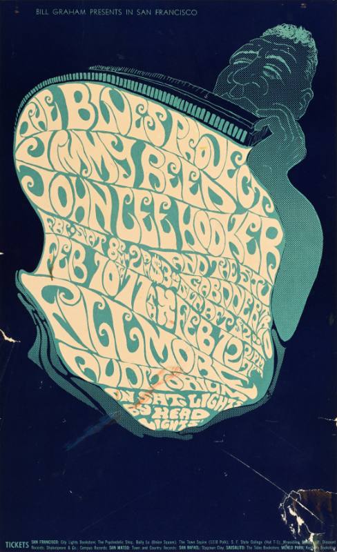 A psychedelic poster of a man playing a harmonica with wavy text coming out of it