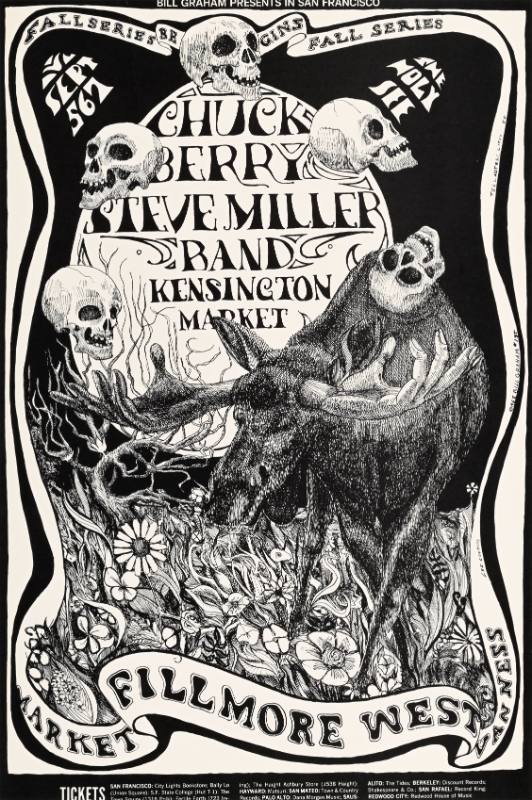 A psychedelic poster of a moose surrounded by skulls and wavy text