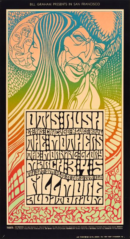 A psychedelic poster of rainbow men and women's faces twisting into a pillar