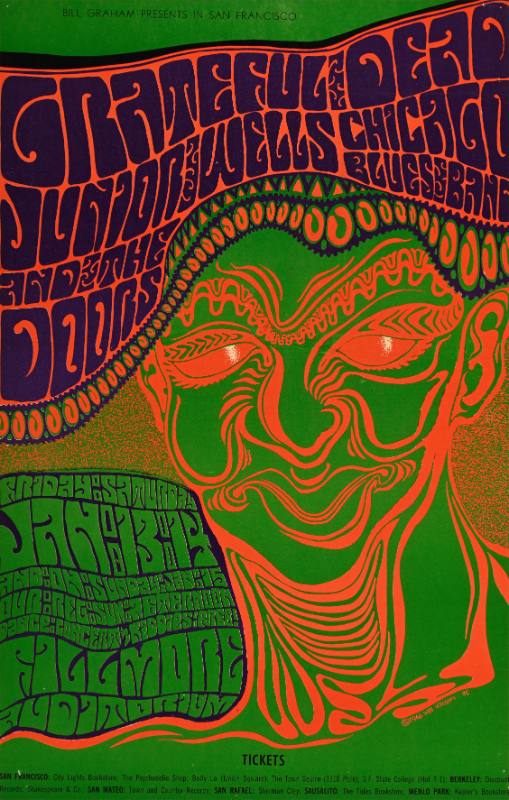 A psychedelic poster of a demonic looking orange woman printed on a green background
