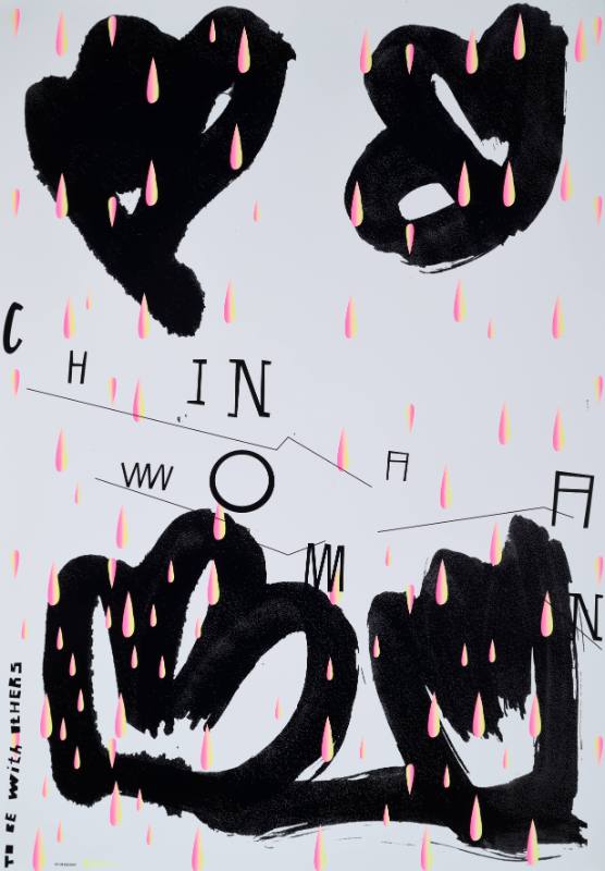 An illustrational poster with thick black flowers covered with pink raindrops.